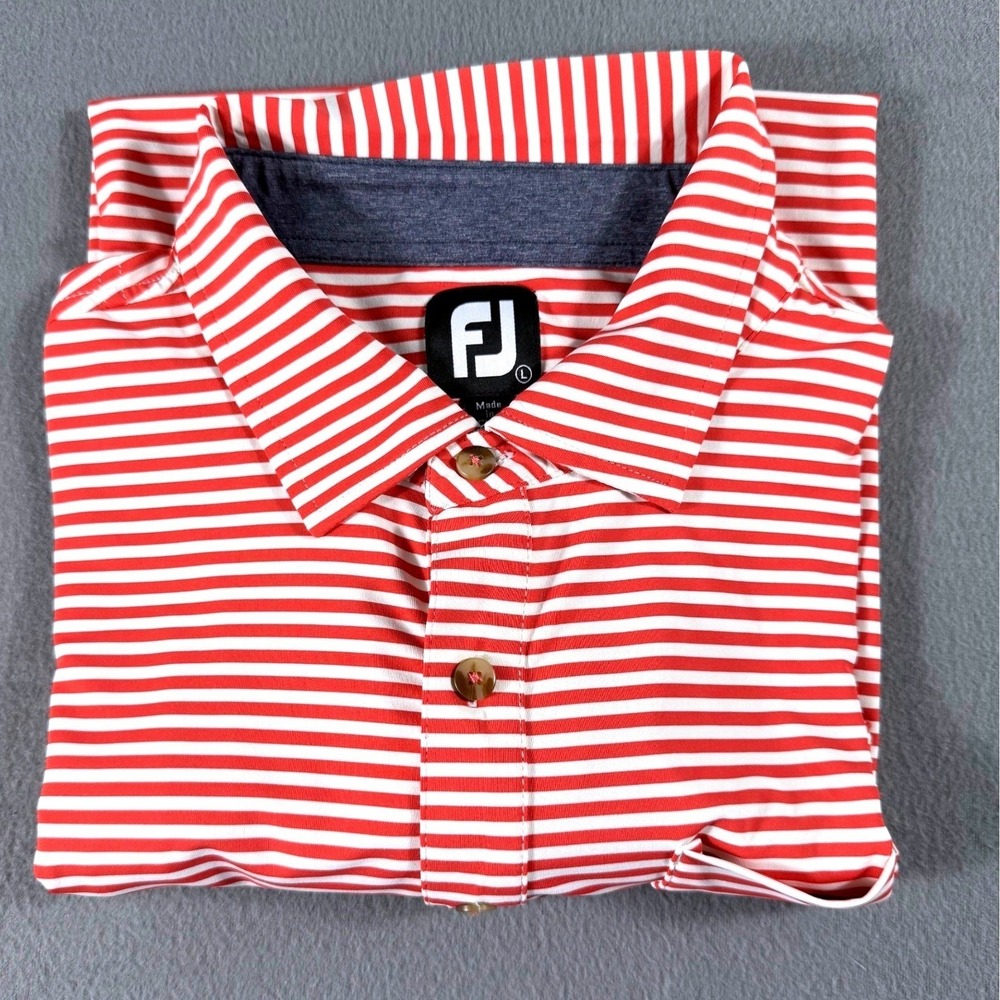 FootJoy Red White Striped Golf Polo Shirt Men L Pocket Performance Country Club